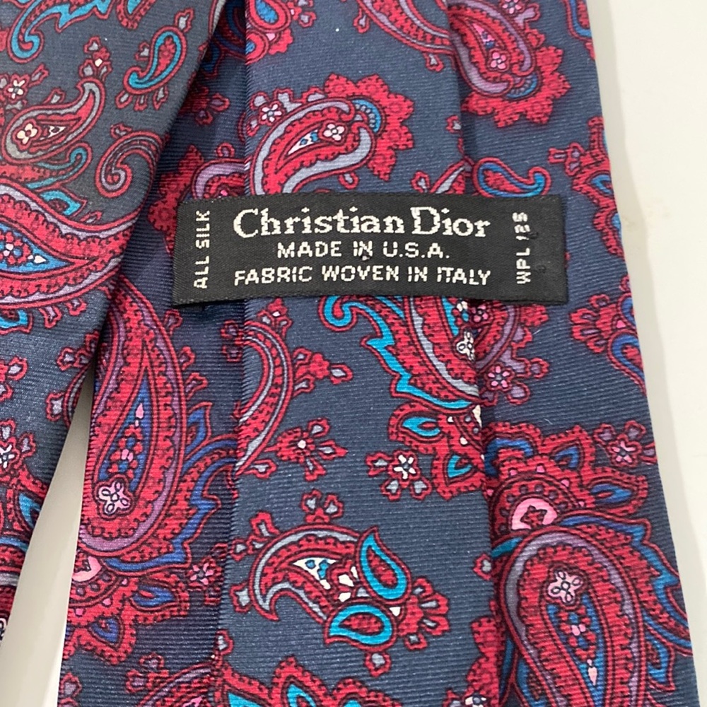 CHRISTIAN DIOR Silk Tie Vintage Paisley Print Blue and Burgundy